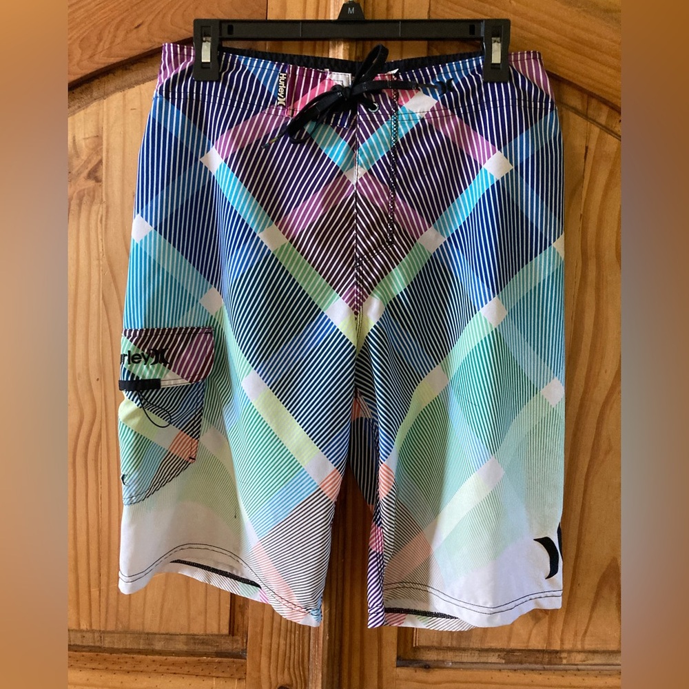Men’s Hurley Buckle blue purple green striped swim trunks board shorts size 31